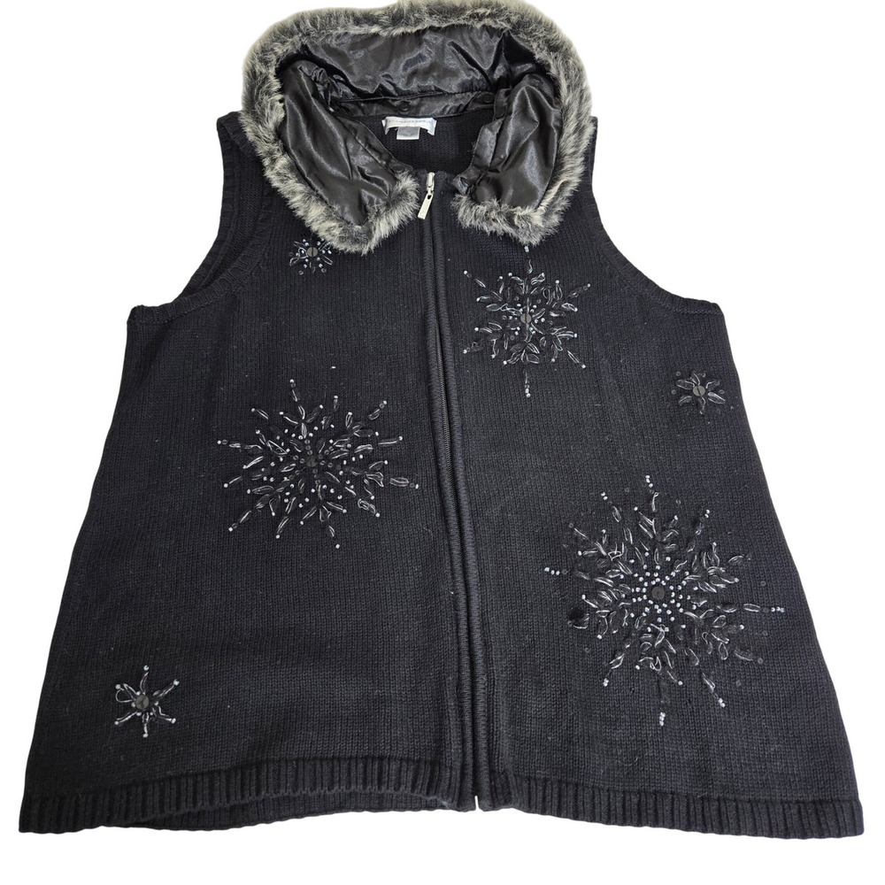 Christopher Banks Black‎ Snowflake Beaded Faux Fur Hooded Vest XL